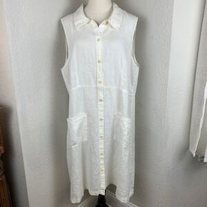 FLAX Linen Ivory Button Front Midi Knee Lagenlook Sleeveless Shirt Dress Sz L